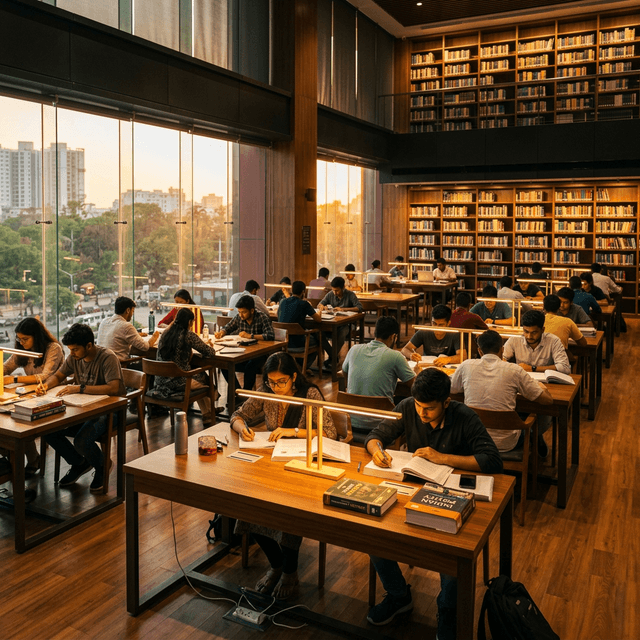 Students studying at a modern self-study library in Bihar